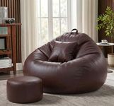 Sattva 5XL Sofa Style Bean Bag Chair with Beans Filled | Faux Leather Teardrop Bin Bags for Adults | Large Beanbags Combo with Footstool & Cushion | Filled Beans Bag for Home & Office (Dark Brown)