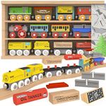 Orbrium Wooden Train Cars Set 12 Pc Magnetic Trains with Storage Box Cover Tunnel Compatible with Thomas Brio Melissa and Doug Wooden Railway Motessorri Toy Gift Set for Kids Toddler Boys Girls.