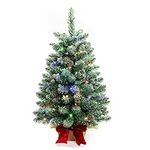 2 ft Mini Christmas Trees with 25 F5 LED Lights, 24" Decorated Burlap Artificial Tabletop Christmas Trees with Flocked Pine Cones, Red Bow Base