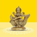 10Club Goddess Saraswati Idol - 1Pc (11.5 cm, 850 Grams) - 100% Pure Brass | Saraswati Sitting on a Peacock for Desk, Pooja, Home Decor and Gifting | Yellow Antique Finish