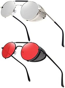 RONSOU Steampunk Style Round Vintage Sunglasses Retro Eyewear UV400 Protection Matel Frame Silver & Red Lens