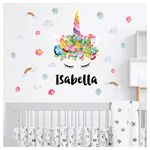 Rainbow Unicorn Wall Sticker - Wall Stickers for Bedrooms for Girls - Unicorn Crown with 'Personalised Name' and Bonus Flowers - Clouds - Rainbows - Size Large