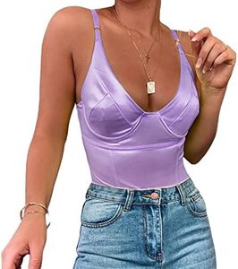 Velius Women's Sexy Deep V Neck Shiny Thong Bodysuit Tank Tops with Underwire (Taro Purple, X-Large)
