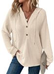 Dokotoo Sweatshirts for Women Oversized Waffle Knit Hoodies Drawstring Button V Neck Long Sleeve Casual Loose Lightweight Soft Comfy Warm Solid Color Pullover Sweatshirt Hooded Tops Apricot Small
