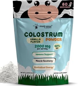 Colostrum Powder 2000mg - Vanilla Flavour, 60% IgG Bovine Colostrum Supplement for Gut Health, Immune Support, Clean Skin, Anti-Aging, Grass-Fed Calostro Bovino Powder, Keto, Gluten-Free - 60 Servings