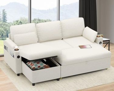 DURASPACE Sofa Bed Sleeper Pull Out 2 in 1 Sectional Sleeper Sofa Couches with Storage,USB, Cup Holder,Pullout Sectional Couches for Apartment Living Room (White Boucle)