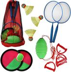 High Bounce 3 in1 Outdoor Games Combo Set for Kids, with Badminton Rackets Set, Toss and Catch Ball Set, Sliding Zoom Ball Game, Mesh Bag, Birdies, and Tennis Ball Included