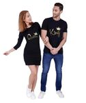 COUPLESTUFF.IN Couple Men's & Women's 3/4 Sleeve Cotton Printed Dress & T Shirt King Queen - (Pack of 2) King Queen Crown All Gold