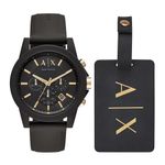 Armani Exchange Men's Chronograph Dress Watch with Leather, Steel or Silicone Band, Watch and Luggage Tag Gift Set, Gold Luggage Tag Set