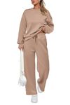 PRETTYGARDEN 2 Piece Outfits For Women 2024 Fall Casual Crewneck Pullover Tops Lounge Pants Sweatsuit Sets (Khaki,Small)