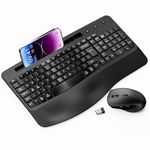 Wireless Keyboard and Mouse Ergonomic Combo, Moojay 2.4G Rechargable Full-Sized Quiet Wave Keyboard Silent Mice Set with Wrist Rest and Phone Holder for Computer, Laptop, PC, Mac, Windows - Black