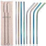 AniSqui Set of 8 Reusable Metal Straws and Cleaner, 8.5'' Coloured Stainless Steel Straws Reusable, (4 Straight + 4 Bent + 2 Brushes Reusable Straws Drinking)