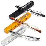 Small Reading Glasses Men Women 3 Pairs Slim Pocket Readers with Pen Metal Case Spring Hinge 2.5