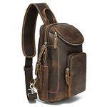 LANNSYNE Vintage Full Grain Leather Sling Bag Crossbody Chest Daypack, Brown, M, Traveling