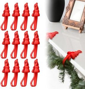 Nearockle 12 Pack Christmas Garland Hanger for Mantle, Silicone Stocking Holder Garland Hooks Reusable Christmas Wreath Ties, Door Fireplace Staircases Party Decoration (Red)