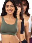 NYKD Soft Cup Easy Peasy Slip On Everyday Bra for Women, Wireless, Full Coverage, Support Shaper, Non Padded Sports Bra- NYB113,Beetle Green/Black/White,XL,PO3