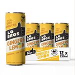 Lo Bros Kombucha - Ginger & Lemon - Sparkling Refreshing Drink with Natural Ingredients and Live Cultures, Supports Gut Health, Low Sugar, Vegan, Gluten Free- 12 x 250ml