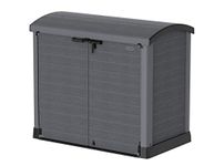 Duramax Cedargrain StoreAway 1200L Plastic Garden Storage Shed/ Arc Lid, Outdoor Storage, Wheelie bin box, Durable Construction– Ideal for Tools, Bikes, BBQs & 2x 240L Bins, 145x85x125 cm, Grey