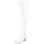 syztsho Thigh High Boots for Women Patent Leather PU Chunky Heel Over The Knee Boots Sexy Square Toe Side Zipper GOGO Boots, White, 9