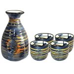 Sake Set Blue Japanese 5 Pcs Traditional Japan Sake Cup Set Hand Painted Design Porcelain Pottery Ceramic Cups Crafts Wine Glasses Gifts (Blue Rich, 300 ML)