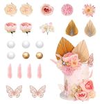 22 Pcs Cake Decoration Pink Cake Decorations with Paper Palm Fan and Butterfly Artificial Rose Flowers Cake Toppers Boho Cake Picks for Birthday Wedding Anniversary(Pink)