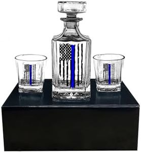 Rogue River Tactical Blue Line Tattered Flag Police Officer Whiskey Decanter Gift Set With 2 Glasses Custom Gift For Men Dad Father's Day PD Police Officer
