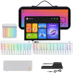 POPUPIANO 61-Key Smart Digital Piano Keyboard with Lighted Keys, MIDI Controller & Chord Pad – Portable Electronic Learning Keyboard for Performance & Composition, 256 Tones, 100+ Chords