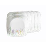 CORELLE Asia Square Round Collection Blooms 22.9 cm Medium Plate, Lightweight & Durable, Made of Vitrelle Glass, Microwave & Dishwasher Safe, Elegant Crockery for Dining & Gifting - Set of 6