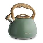 Poliviar Tea Kettle, 2.7 Quart Seaweed Green Finish with Wood Pattern Handle Loud Whistle Food Grade Stainless Steel Teapot, Anti-Hot Handle and Anti-Rust, Suitable for All Heat Sources (JX2020-SB30)