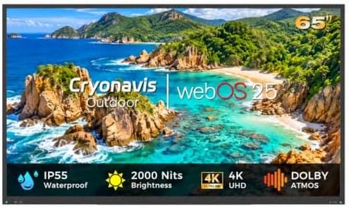 Cryonavis 65 inch Outdoor TV,4K Smart TV, 2000 Nits IP55 Weatherproof Television for Outside WebOS25 Voice Control Anti-Glare Screen Wi-Fi Booster for Patio Deck Backyard Pool