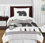 Sweet Jojo Designs Beige, Grey and White Boho Mountain Animal Gray Woodland Forest Friends Unisex Boy or Girl Twin Size Kid Childrens Bedding Comforter Set - 4 Pieces - Deer Fox Bear