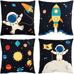 Juvale 4 Pack Spaceship Decorative Kids Throw Pillow Covers, 4 Designs, Astronaut, Rocket Ship, Galaxy Theme (18 x 18 in)