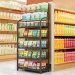 OVZXSD 5 Tier Snack Rack Display Stand, Black Chip Rack Display Stand, Candy Display Rack with Hooks, Metal Retail Display Shelves for Store, Kitchen and Office