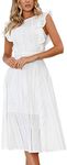ECOWISH Women's Summer Dresses 2025 Elegant Lady Wedding Guest Cocktail Ruffle Cap Sleeves A-Line Office Midi Dress White Large