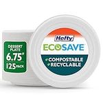 Hefty ECOSAVE Compostable Disposable Paper Plates Dessert 6.75", 125 Count, White