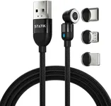 STATIK 360 Rotating Magnetic Charging Cable - USB to USB C Cable, Micro-USB, Magnetic iProduct Charger, 3-in-1 Tip Adapters, Magnetic Phone Charger with LED Light, 90 degree Right Angle, Black, 6FT/2M