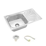 LIPKA Premium 1mm Thick Stainless Steel – Square Single Bowl Kitchen Sink with Drainboard (32x18x8 Inches) | Glossy Finish with Waste Pipe & Sink Coupling