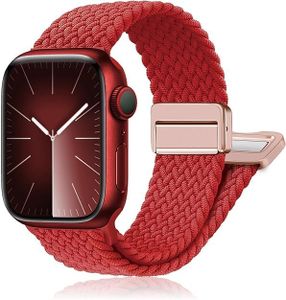 Nylon Braided Solo Loop for Apple Watch Band 49mm 45mm 44mm 42mm 41mm 40mm 38mm for Men Women, Synsing Stretchy Strap with Magnetic Clasp for iWatch Ultra 1/2 Series 9 8 7 6 5 4 3 2 1 SE,red 42