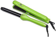 Brilliance New York - Flat and Curling Irons Set: 1.25" Diamond and Ceramic Flat Iron + 1" Clipless Curling Iron, Neon Green