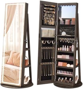 SONGMICS LED Mirror Jewelry Cabinet Standing, Lockable Jewelry Armoire with Full-Length Mirror and Adjustable LED Lights, Space-Saving Jewelry Organizer with Mirror, Christmas Gifts, Ash Brown