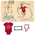 Harry Potter Baby Bodysuit and Monthly Milestone Blanket 4 Piece Newborn, Maroon / White, 0-3 Months