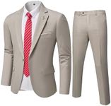 YND Men's Slim Fit 2 Piece Suit, One Button Solid Jacket Pants Set with Tie, Beige, Medium