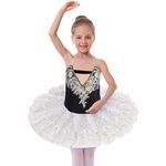 AFAVOM Ballet Leotards for Girls with Platter Tutu Professional Hard Organdy Camisole Skirt Swan Lake Feather Hem Dancewear, Black + White, 11-12 Years