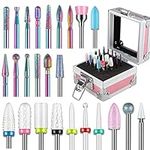 Depvko 25Pcs Nail Drill Bits Set with Portable Pink Case, 3/32 Inch Ceramic Drill Bits for Acrylic Nails, Diamond Carbide Cuticle Efile Remover Quartz Pointed Bits for Home Salon Acrylic Gel Nail