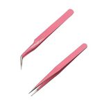 2 Pcs Eyelash Extension Tweezers, Nail Art Tweezers, Stainless Steel Straight and Curve Tip Tweezers, for Eyelash Extensions