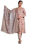 MIRCHI FASHION SOURBH Women's Straight Fit Pure Cotton Jaipuri Floral Printed Sequins Thread Work Kurta Set with Dupatta and Trouser (K10003-Dusty Peach, Dusty Rose Pink, Light Brown-L)