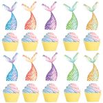 Cyodoos 25Pcs Mermaid Tails Cupcake Toppers Mermaid Tail for Mermaid Party Decoration Baby Shower Party Supplies （two-sided）