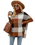 Uniexcosm Ponchos for Women Color Block Plaid Sweater Long Batwing Sleeve Knit Cape Oversized Sweater Pullover Brown