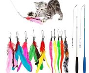 JIARON Feather Teaser Cat Toy, 2PCS Retractable Cat Wand Toys and 10PCS Replacement Teaser with Bell Refills, Interactive Catcher Teaser and Funny Exercise for Kitten or Cats.