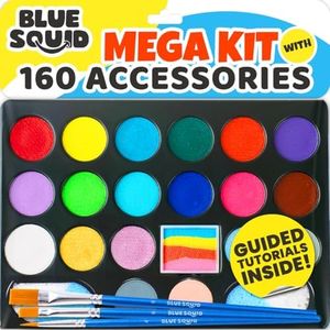 Blue Squid Face Painting Kit for Kids – 24 Colors 160pc Face Paint Kit, Hair Chalk, Stencils, Skin Safe, Non Toxic Face Painting Kit for Kids Halloween Makeup Kit